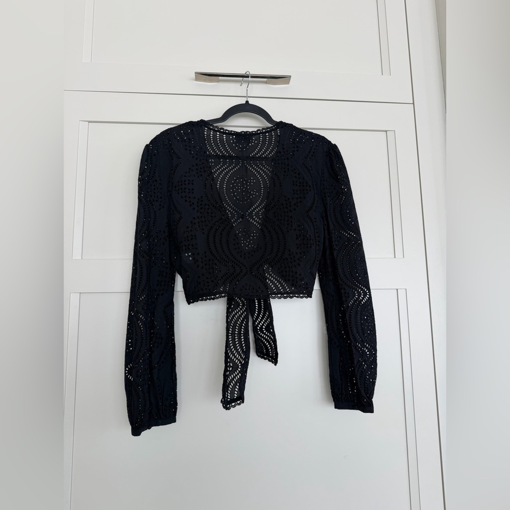 Miguelina Black Eyelet Embroidery Tie-Front Blouse